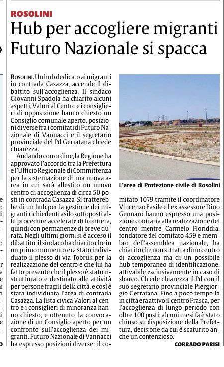 Articolo sull’hub per accogliere migranti a Rosolini