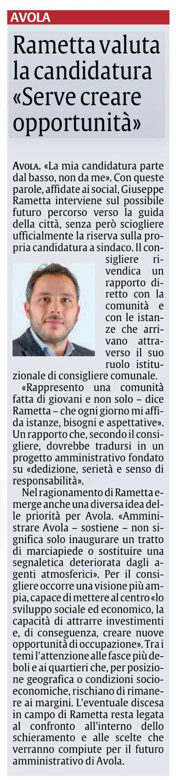 Articolo sulla possibile candidatura a sindaco