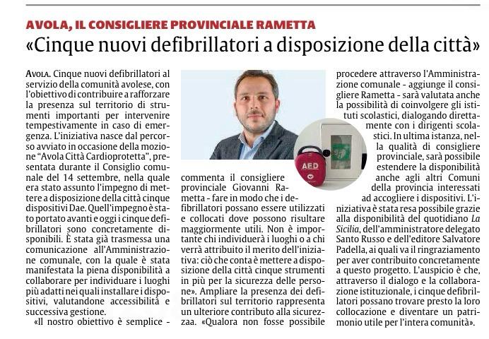 Articolo sui cinque nuovi defibrillatori ad Avola