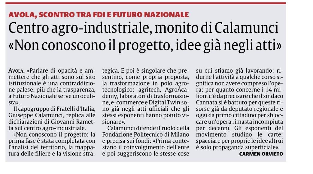 Articolo sul centro agro-industriale e il confronto politico