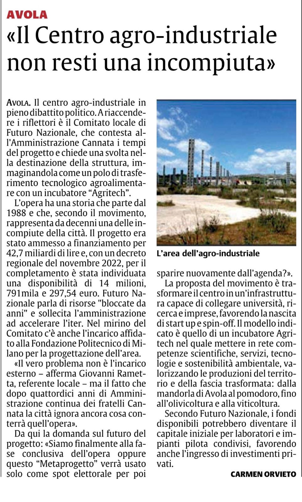Articolo sulla proposta per il centro agro-industriale