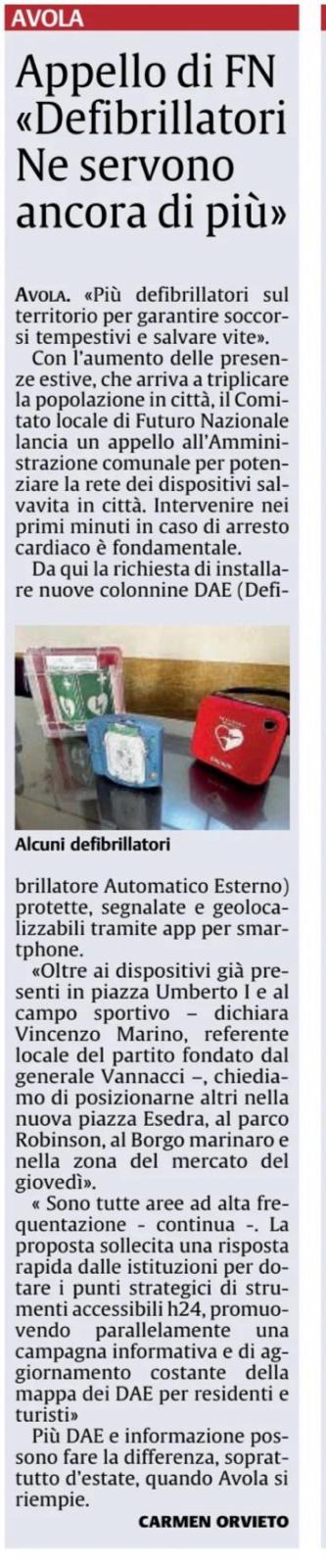 Articolo sull’appello di Futuro Nazionale per i defibrillatori