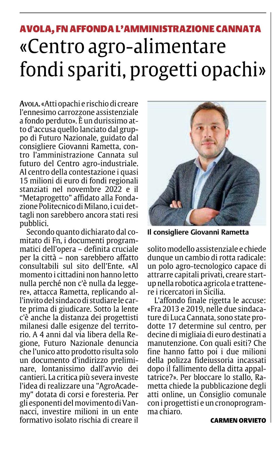 Articolo sul centro agro-alimentare di Avola